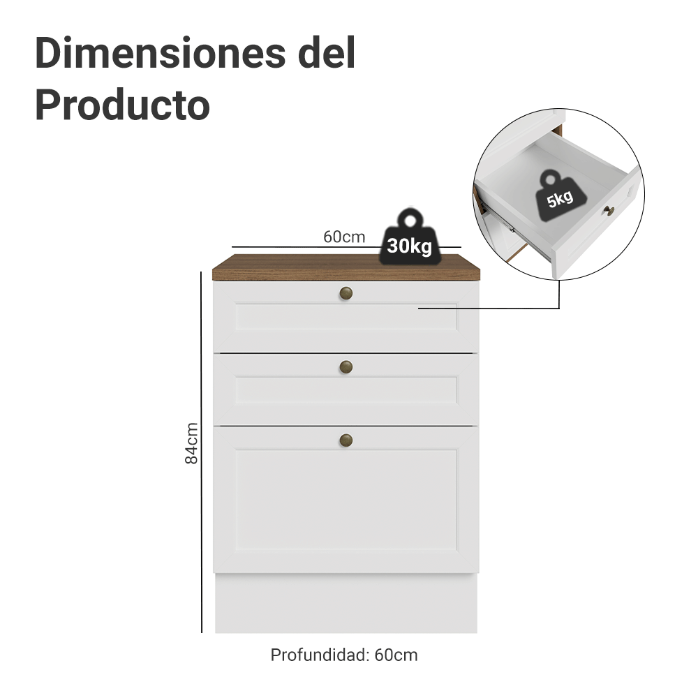 Bajo Mesada de Cocina 60 x 60 cm 3 Cajones (con Mesada) Blanco/Marrón Vik Madesa