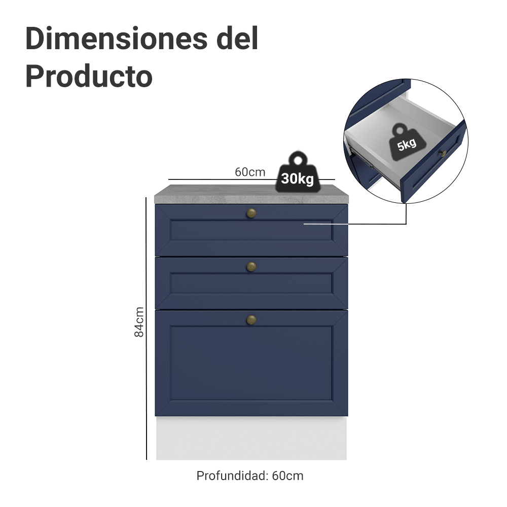Bajo Mesada de Cocina 60 x 60 cm 3 Cajones (con Mesada) Blanco/Azul Vik Madesa