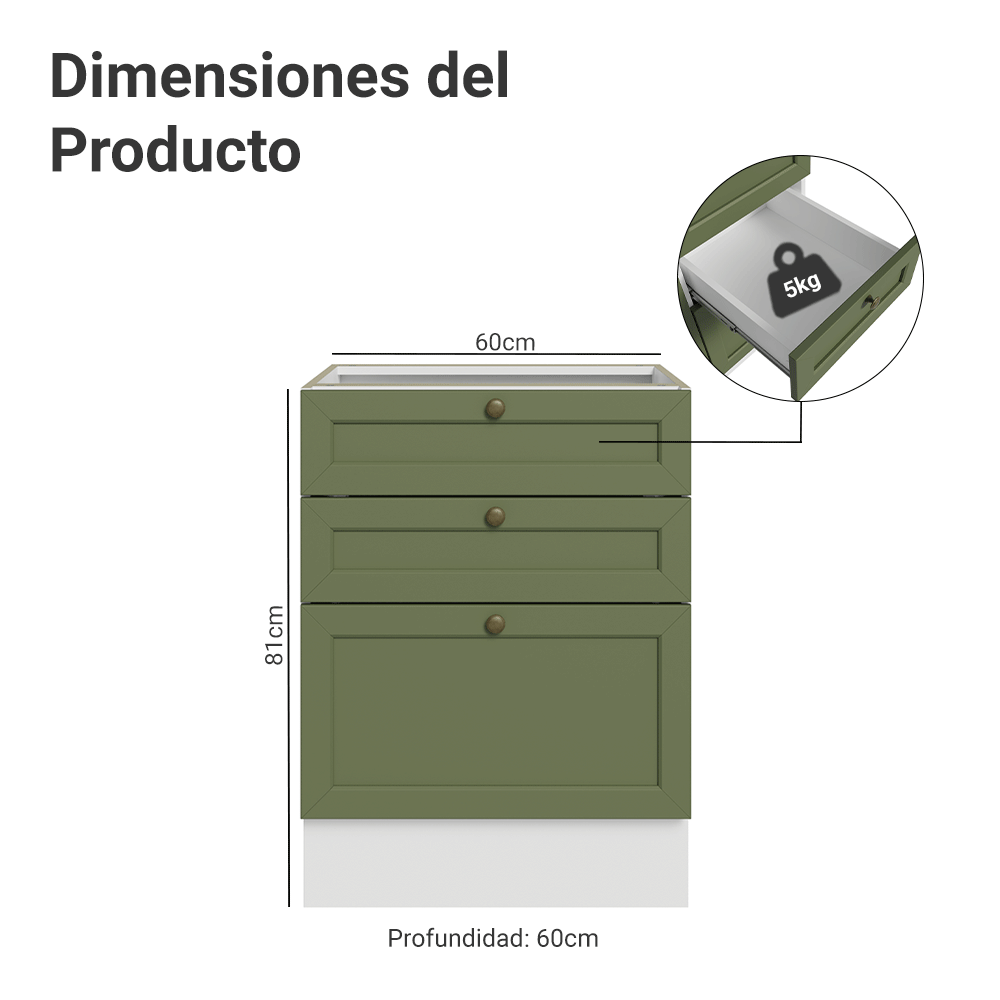 Bajo Mesada de Cocina 60 x 60 cm 3 Cajones (Sin Mesada) Blanco/Verde Vik Madesa