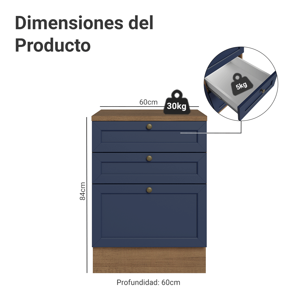 Bajo Mesada de Cocina 60 x 60 cm 3 Cajones (con Mesada) Marrón/Azul Vik Madesa