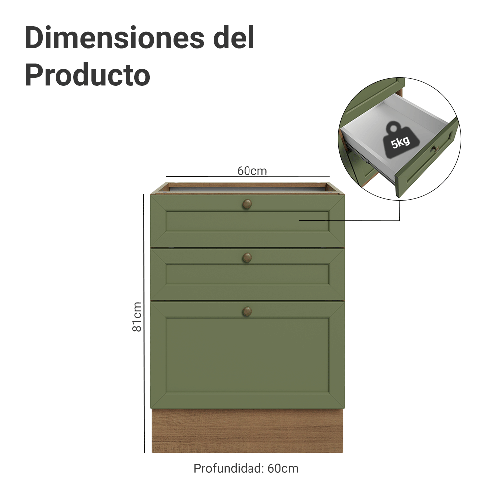 Bajo Mesada de Cocina 60 x 60 cm 3 Cajones (Sin Mesada) Marrón/Verde Vik Madesa