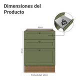 Bajo Mesada de Cocina 60 x 60 cm 3 Cajones (Sin Mesada) Marrón/Verde Vik Madesa