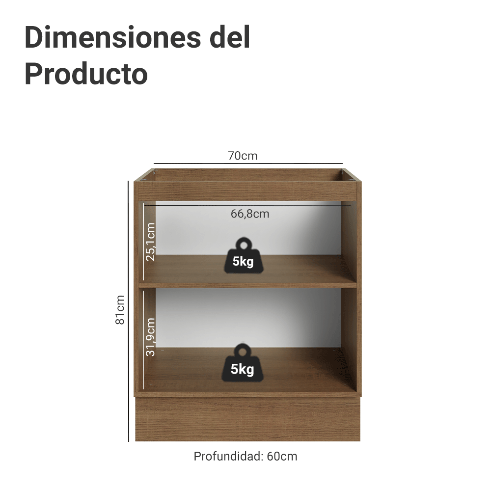 Bajo Mesada de Cocina 70 x 60 cm 2 Puertas (Sin Mesada) Marrón/Blanco Vik Madesa