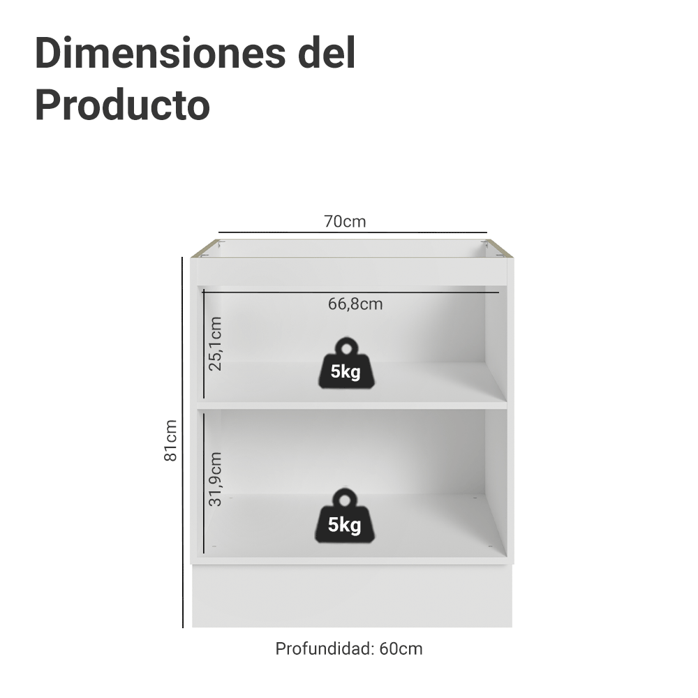 Bajo Mesada de Cocina 70 x 60 cm 2 Puertas (Sin Mesada) Blanco/Gris Vik Madesa