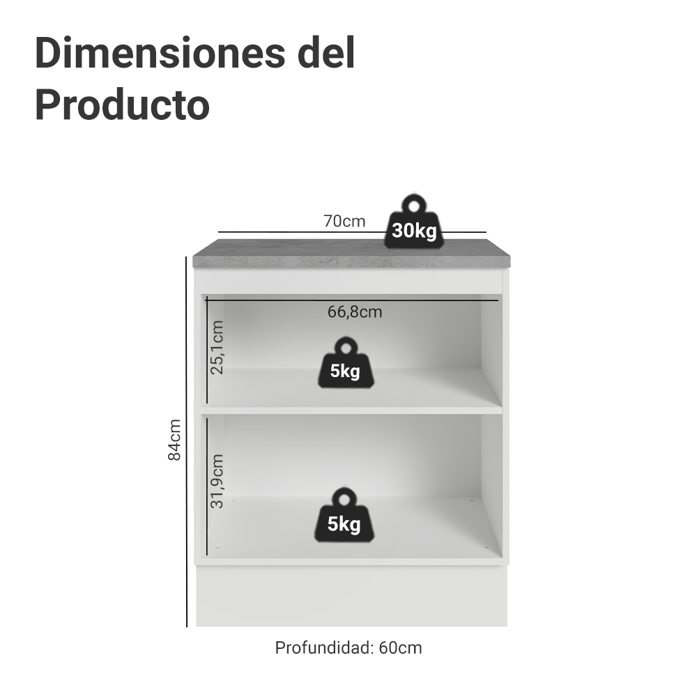 Bajo Mesada de Cocina 70 x 60 cm 2 Puertas (con Mesada) Blanco/Gris Vik Madesa
