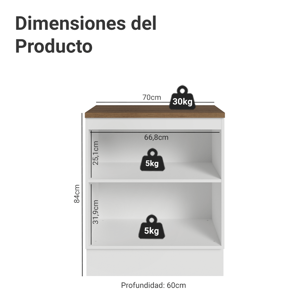 Bajo Mesada de Cocina 70 x 60 cm 2 Puertas (con Mesada) Blanco/Rustc Vik Madesa