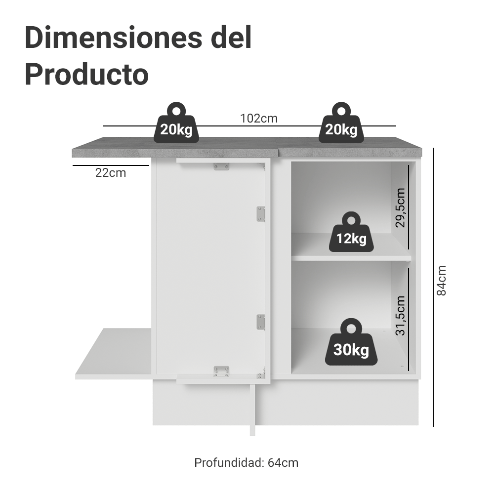 Bajo Mesada Esquinero 102 x 64 cm 1 Puerta (Con Mesada) Blanco Agata Madesa