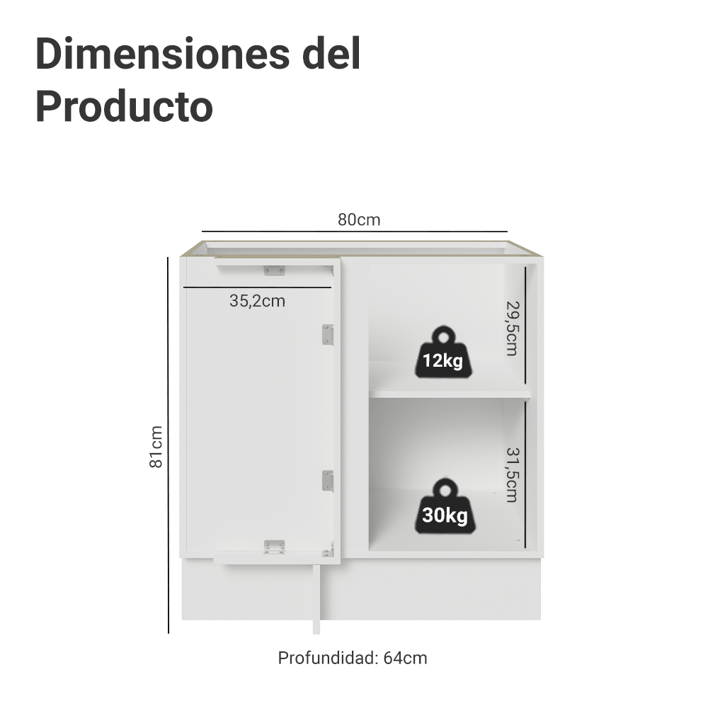 Bajo Mesada esquinero para Linha de 60 cm Profundidade (Sin Mesada) Blanco/Gris Vik Madesa
