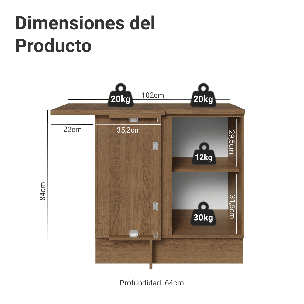 Bajo Mesada esquinero para Linha de 60 cm Profundidade (con Mesada) Marrón/Gris Vik Madesa