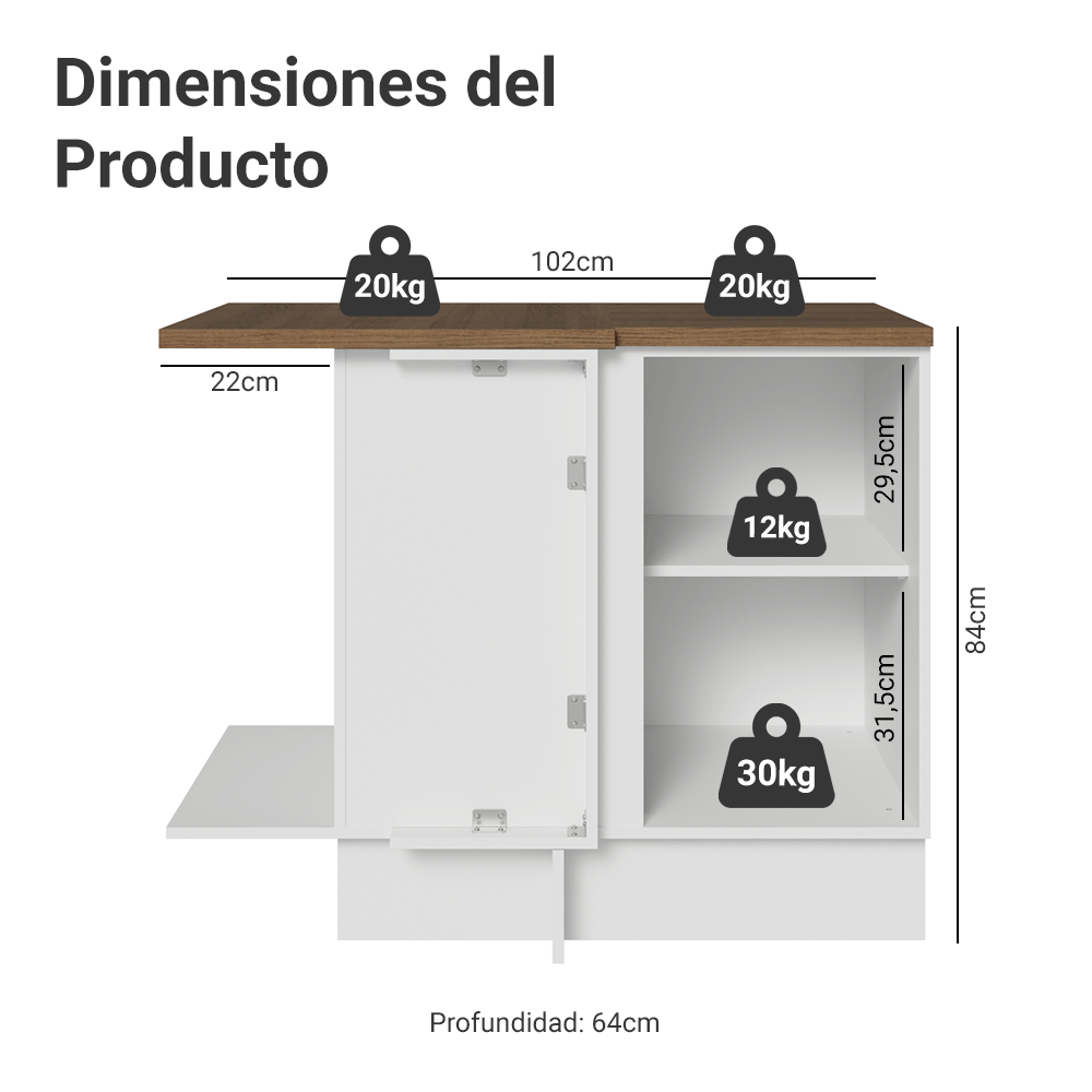 Bajo Mesada Esquinero 102 cm 1 Puerta Blanco/Marrón Agata Madesa