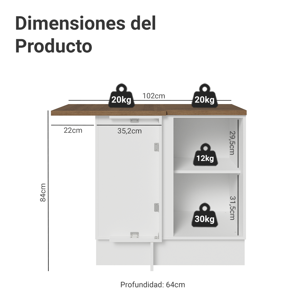 Bajo Mesada esquinero para Linha de 60 cm Profundidade (con Mesada) Blanco/Marrón Vik Madesa