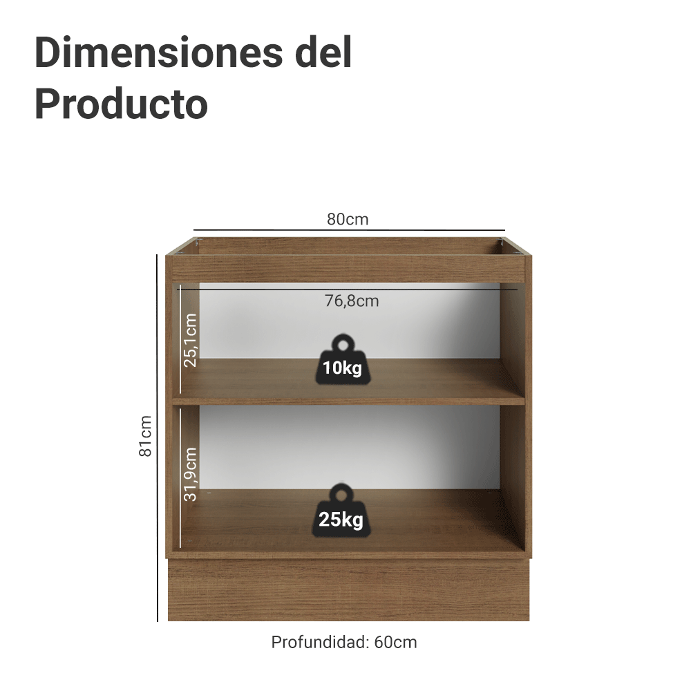 Bajo Mesada de Cocina 80 x 60 cm 2 Puertas (Sin Mesada) Marrón/Blanco Vik Madesa