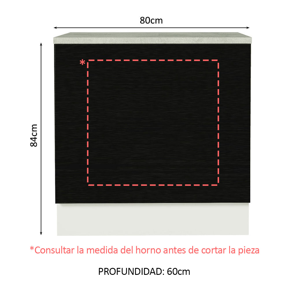 Bajo Mesada Cocina para Horno Empotrado 80 x 60 cm con Mesada Blanco/Negro Agata, Glamy Madesa