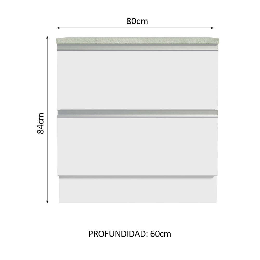 Bajo Mesada de Cocina 80 x 60 cm 2 Cajones (Con Mesada) Blanco Glamy Madesa