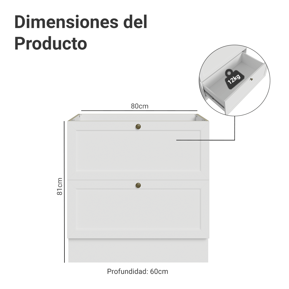 Bajo Mesada de Cocina 80 x 60 cm 2 Cajones (Sin Mesada) Blanco Vik Madesa