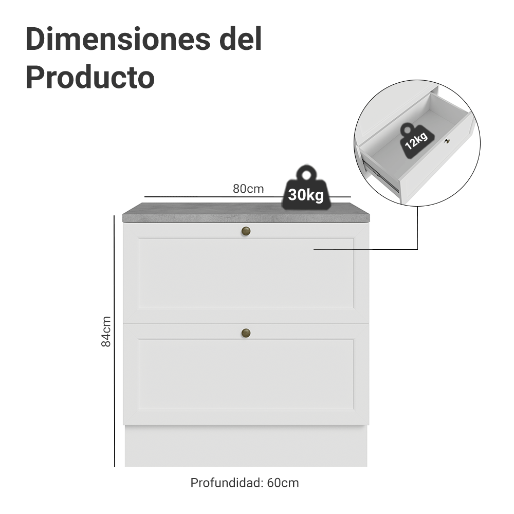 Bajo Mesada de Cocina 80 x 60 cm 2 Cajones (con Mesada) Blanco Vik Madesa