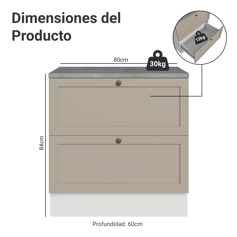 Bajo Mesada 80 x 60 cm 2 Cajones (Con Mesada) Blanco/Crema Vik Madesa