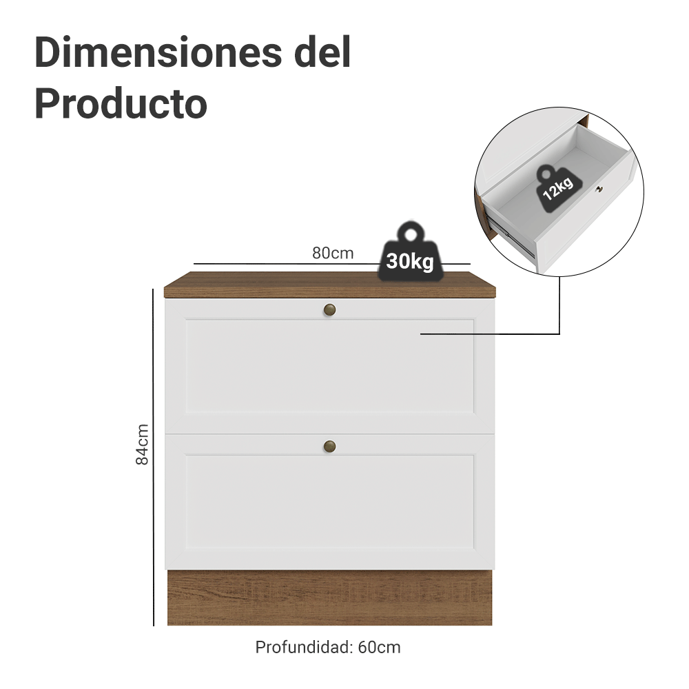 Bajo Mesada de Cocina 80 x 60 cm 2 Cajones (con Mesada) Marrón/Blanco Vik Madesa