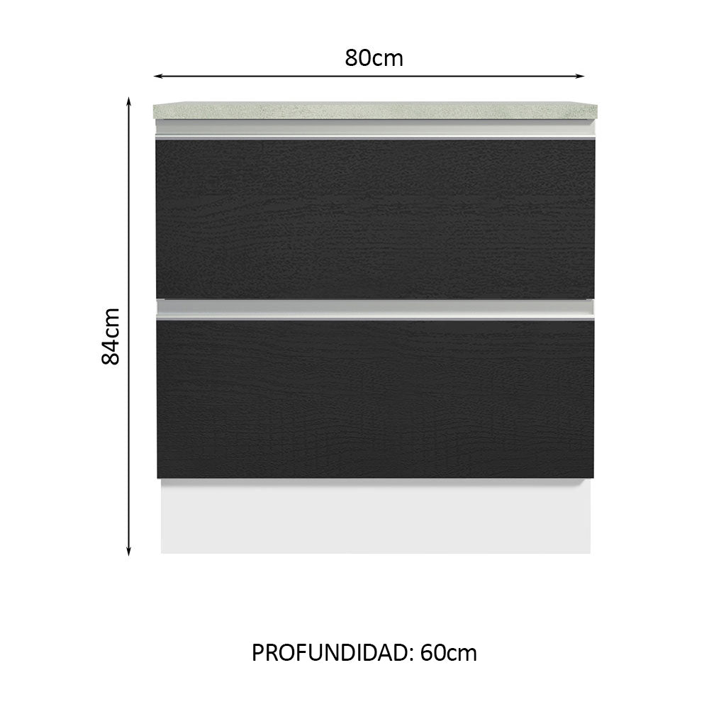 Bajo Mesada de Cocina 80 x 60 cm 2 Cajones (Con Mesada) Blanco/Negro Glamy Madesa
