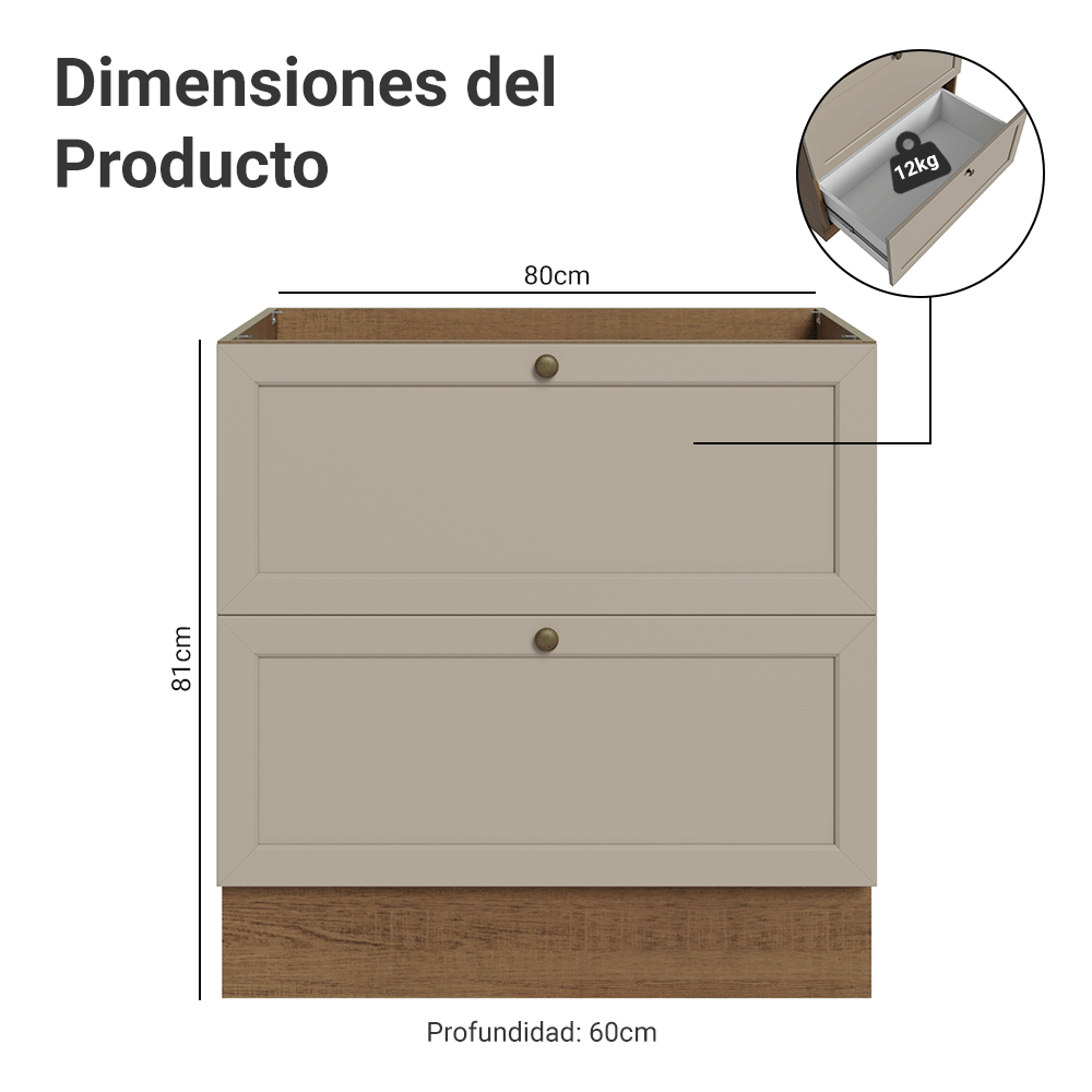 Bajo Mesada 80 x 60 cm 2 Cajones (Sin Mesada) Marrón/Crema Vik Madesa