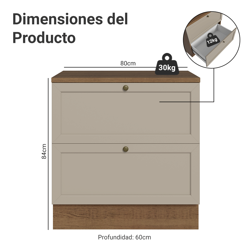 Bajo Mesada 80 x 60 cm 2 Cajones (Con Mesada) Marrón/Crema Vik Madesa