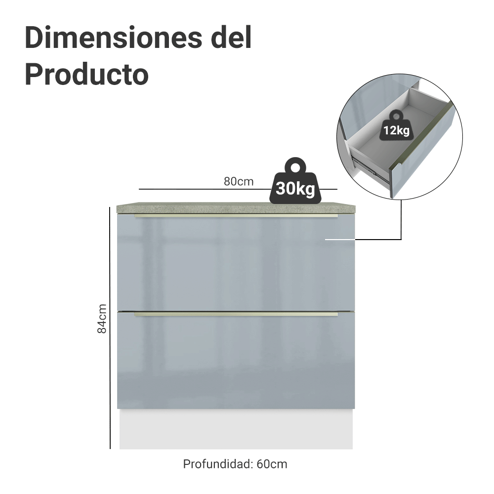 Bajo Mesada Cocina 80 x 60 cm 2 Cajones (Con Mesada) Blanco/Gris Lux Madesa