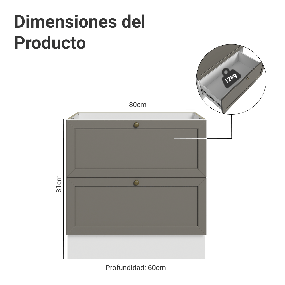 Bajo Mesada de Cocina 80 x 60 cm 2 Cajones (Sin Mesada) Blanco/Gris Vik Madesa