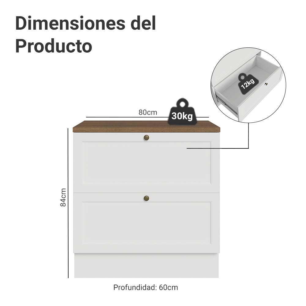 Bajo Mesada de Cocina 80 x 60 cm 2 Cajones (con Mesada) Blanco/Marrón Vik Madesa