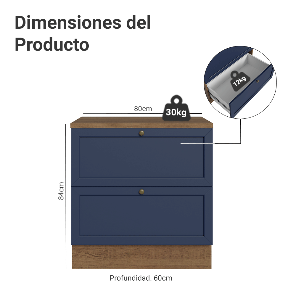 Bajo Mesada de Cocina 80 x 60 cm 2 Cajones (con Mesada) Marrón/Azul Vik Madesa