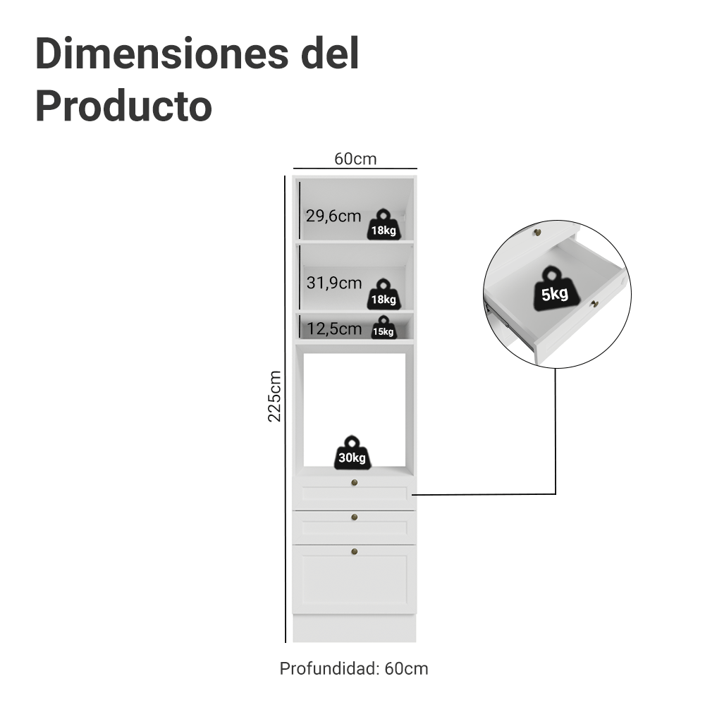 Mueble de cocina para Horno/ microondas 60 x 60 cm 1 Puerta 3 Cajones Blanco Vik Madesa