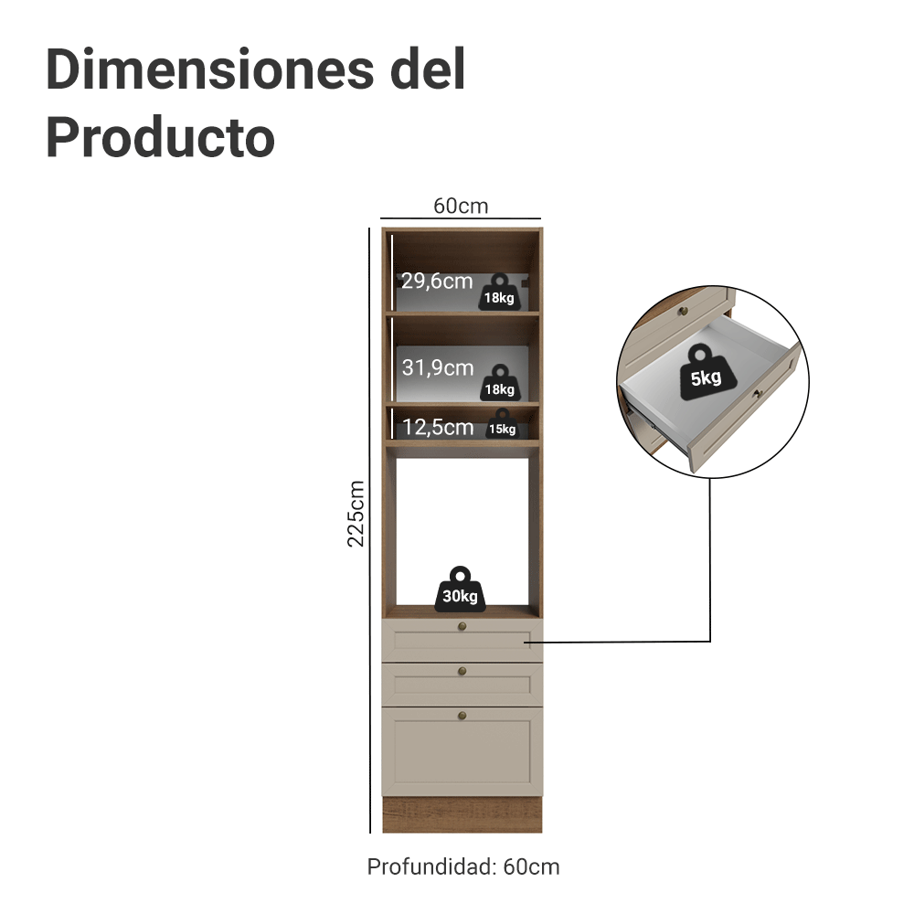Mueble de cocina para Horno/Microondas 60 x 60 cm 1 Pueta 3 Cajones Marrón/Crema Vik Madesa