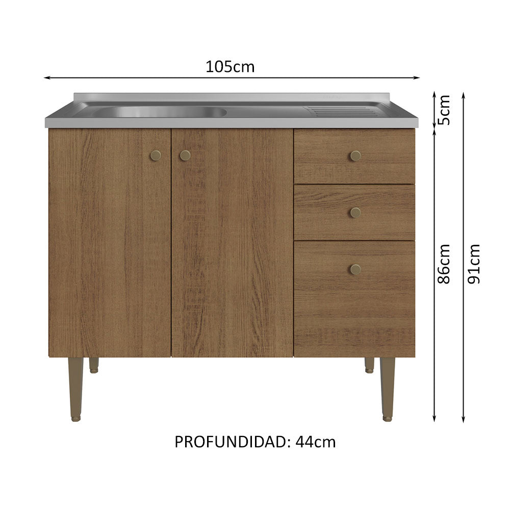 Bajo Mesada 3 Puertas y 2 Cajones 105cm con Bacha Marrón Gourmet
