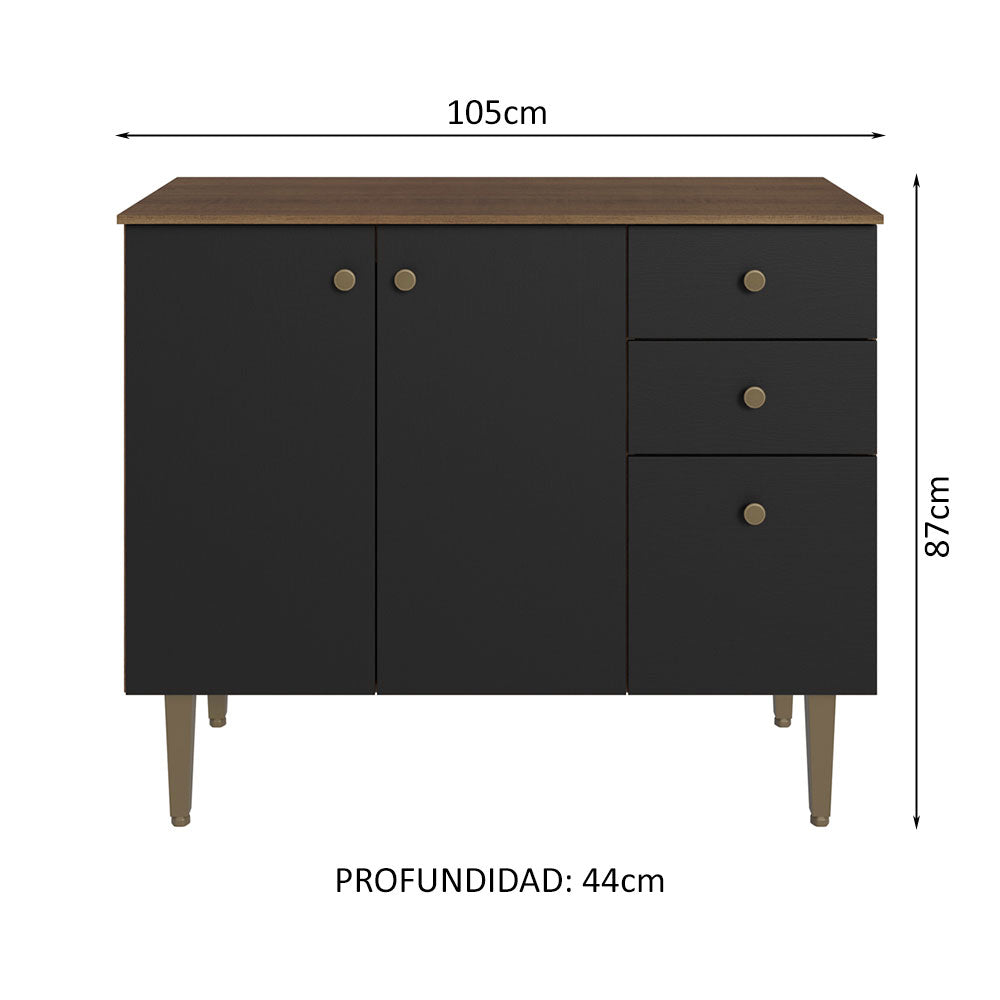 Bajo Mesada para Bacha 105 cm 3 Puertas 2 Cajones (Con Mesada) Marrón/Negro Gourmet Madesa