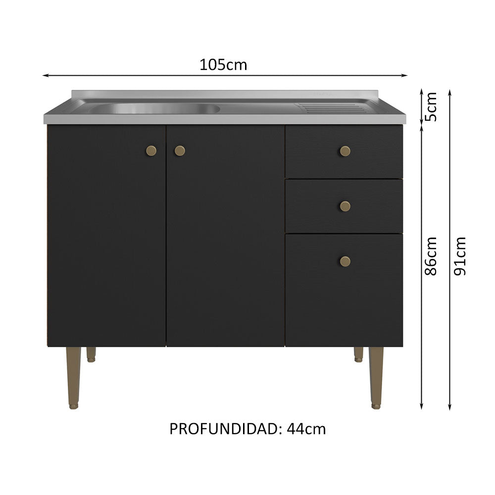Bajo Mesada 3 Puertas y 2 Cajones 105cm con Bacha Marrón/Negro Gourmet