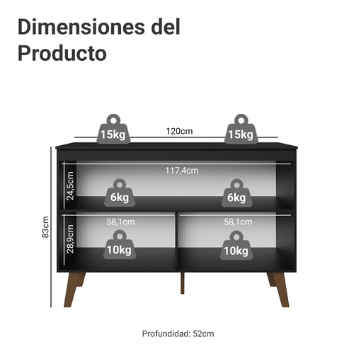 Bajo Mesada 120 cm 2 Puertas con Patas Negro Pieta Madesa