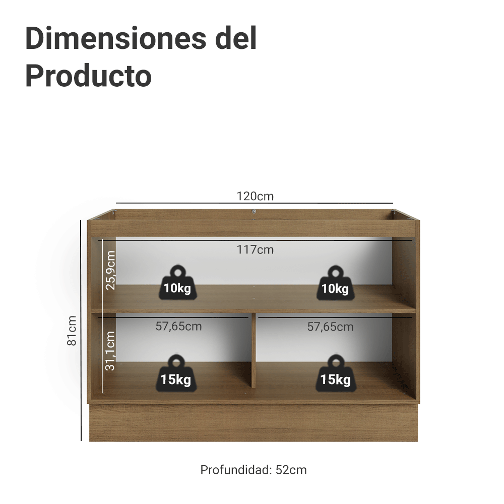 Bajo Mesada para Bacha 120 cm 2 Puetas (Sin Mesada y Bacha) Marrón/Gris Lux Madesa