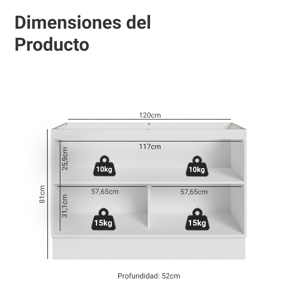 Bajo Mesada para Bacha 120 cm 2 Puetas (Sin Mesada y Bacha) Blanco/Gris Lux Madesa