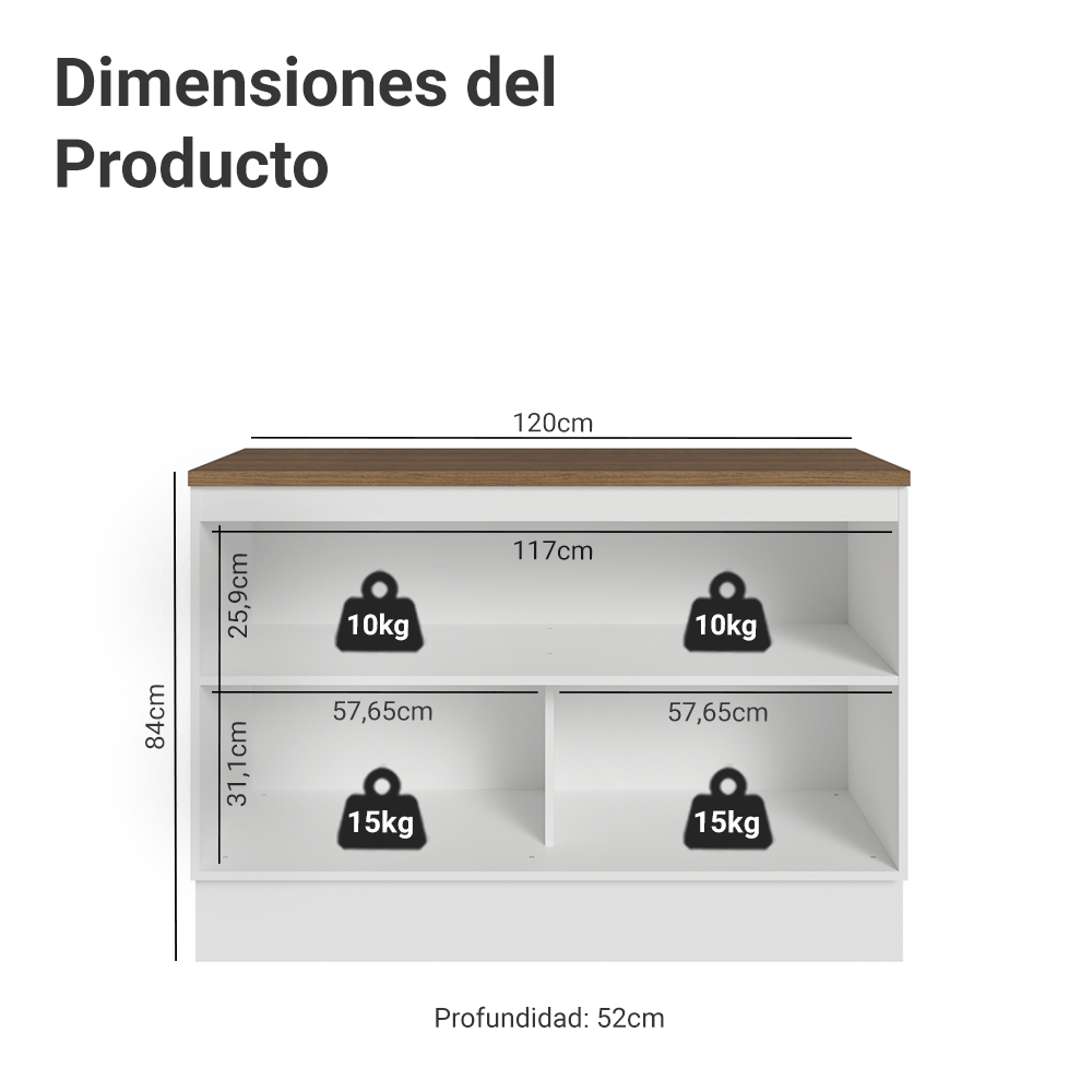 Bajo Mesada de Cocina 120 cm 2 Puertas Blanco Mesada Marrón Vik Madesa