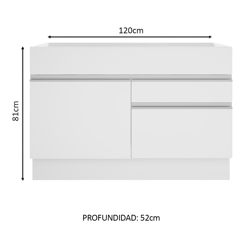 Bajo Mesada para Bacha 120 cm 1 Puerta y 2 Cajones (Sin Mesada y Bacha) Blanco Glamy Madesa