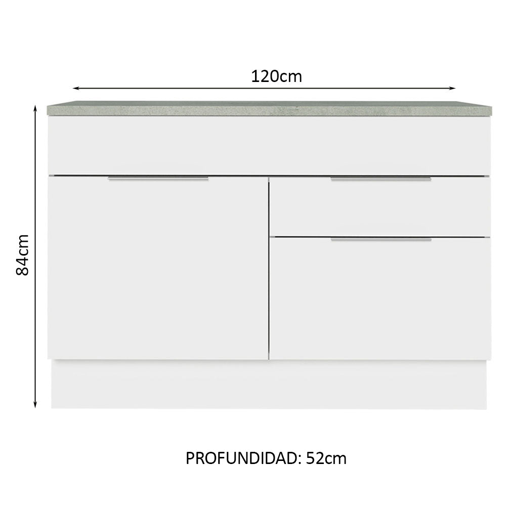 Bajo Mesada Cocina 120 cm 1 Puertas e 2 Cajones (Con Mesada) Blanco Stella Madesa