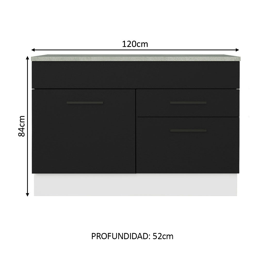 Bajo Mesada Cocina 120 cm 1 Puerta e 2 Cajones (Con Mesada) Blanco/Negro Agata Madesa
