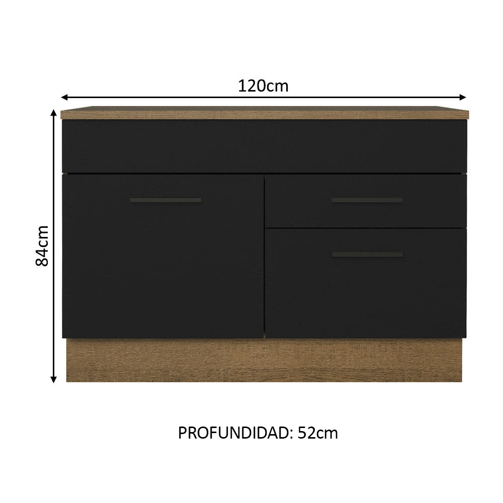Bajo Mesada Cocina 120 cm 1 Puerta e 2 Cajones (Con Mesada) Marrón/Negro Agata Madesa