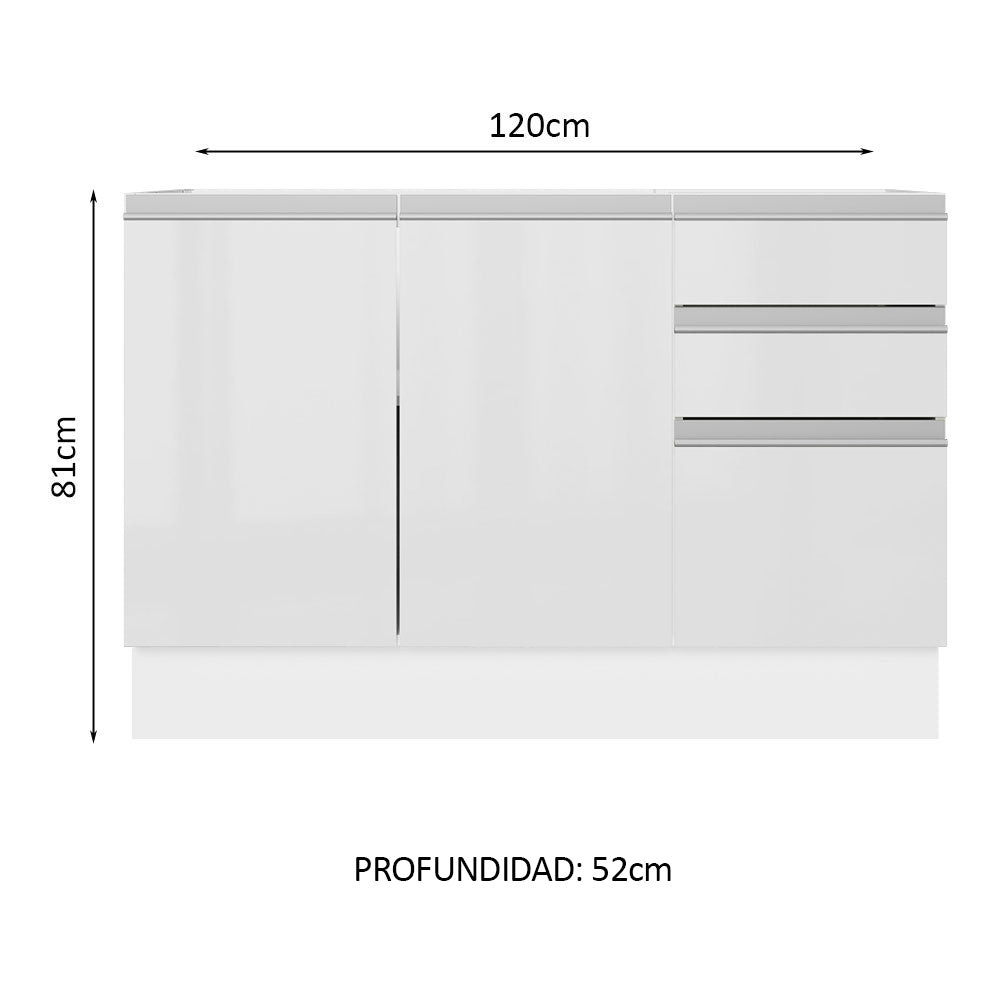 Bajo Mesada para Bacha 100% MDF 120 cm 3 Puertas e 2 Cajones Frentes Blanco Brillante Acordes Madesa