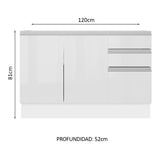 Bajo Mesada para Bacha 100% MDF 120 cm 3 Puertas e 2 Cajones Frentes Blanco Brillante Acordes Madesa