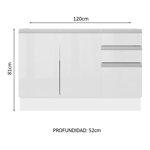 Bajo Mesada 120 cm 3 Puertas 2 Cajones Sin Mesada 100% MDF Blanco Brillante Acordes Madesa