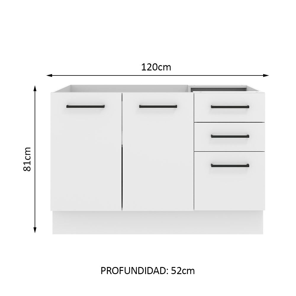 Bajo Mesada para Bacha 120 cm 3 Cajones 2 Puertas (Sin Mesada y Bacha) Blanco Agata Madesa