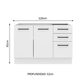 Bajo Mesada para Bacha 120 cm 3 Cajones 2 Puertas (Sin Mesada y Bacha) Blanco Agata Madesa