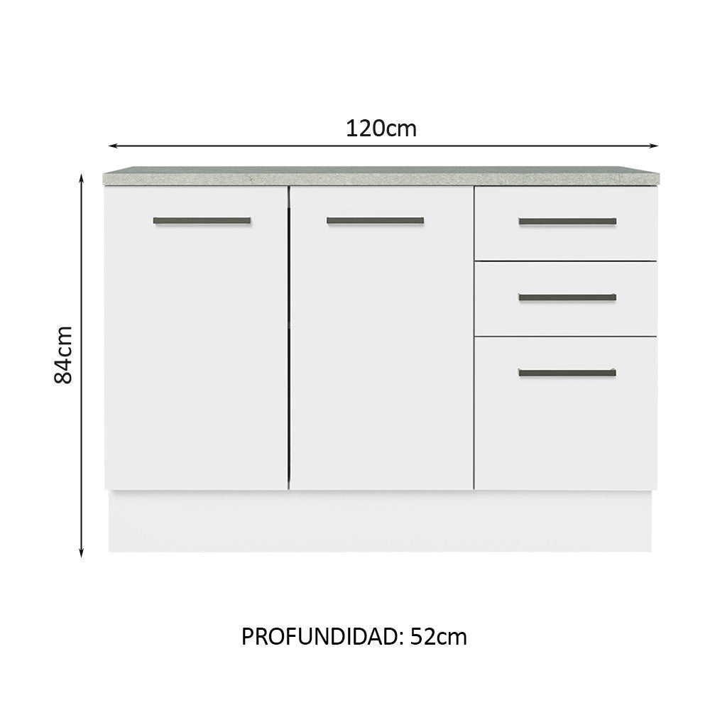 Bajo Mesada Cocina 120 cm 2 Puertas 3 Cajones (Con Mesada) Blanco Agata Madesa
