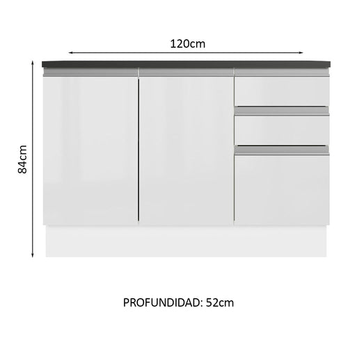 Bajo Mesada 120 cm 3 Puertas 2 Cajones 100% MDF Blanco Acordes Madesa