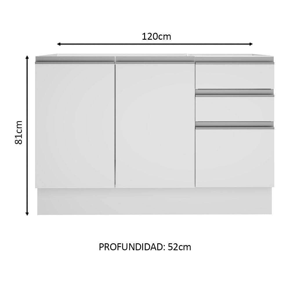 Bajo Mesada para Bacha 120 cm 3 Cajones 2 Puertas Glamy Blanco